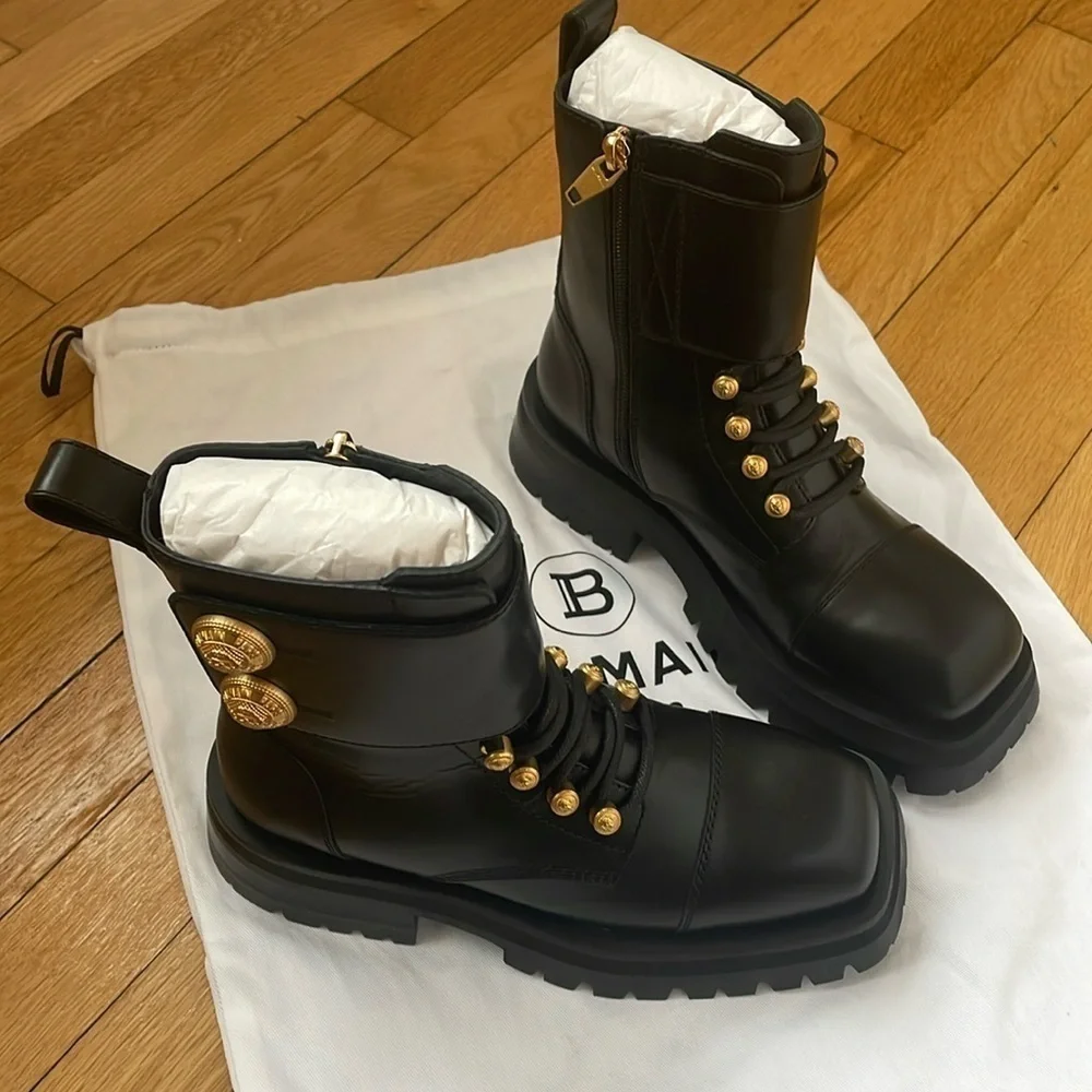 NWT Balmain Paris Ranger Army ankle boots black leather golden hardware - 36 - Picture 7 of 9
